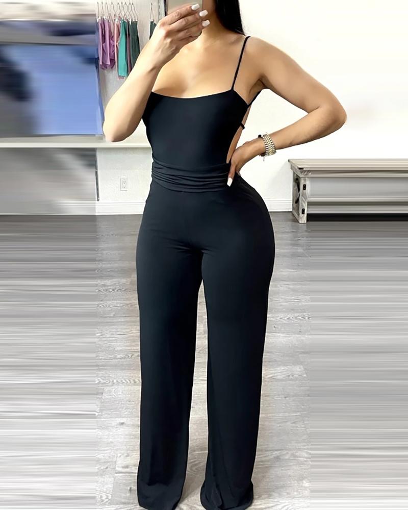 

Spaghetti Strap Backless Wide Leg Jumpsuit, Black