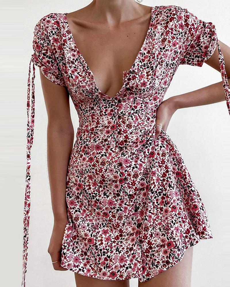 

Plunge Ditsy Floral Print Ruched Design Dress, Pink