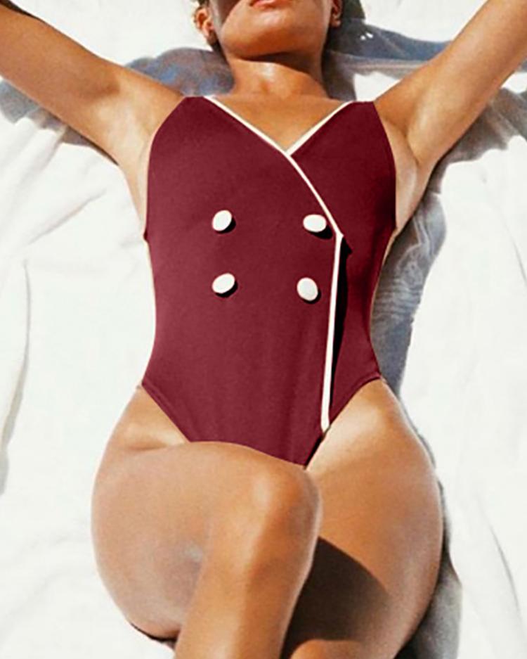 

Double-Breasted Binding One-Piece Swimsuit, Wine red