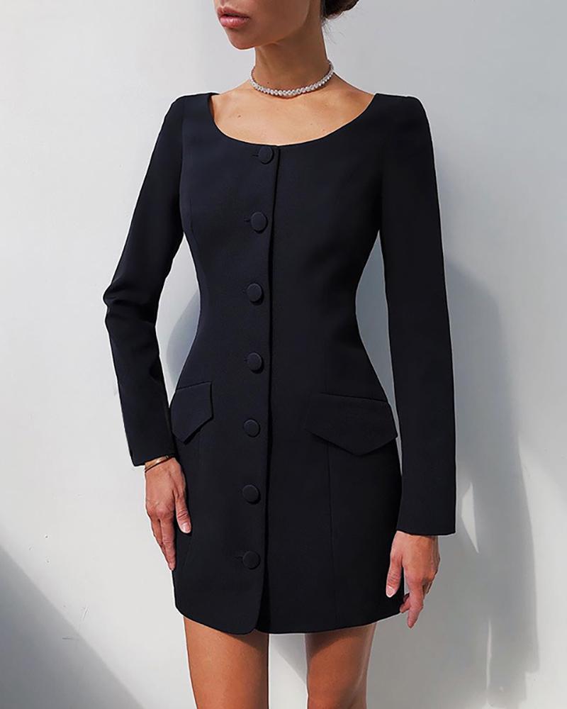 

Button Design Plain Long Sleeve Dress, Black
