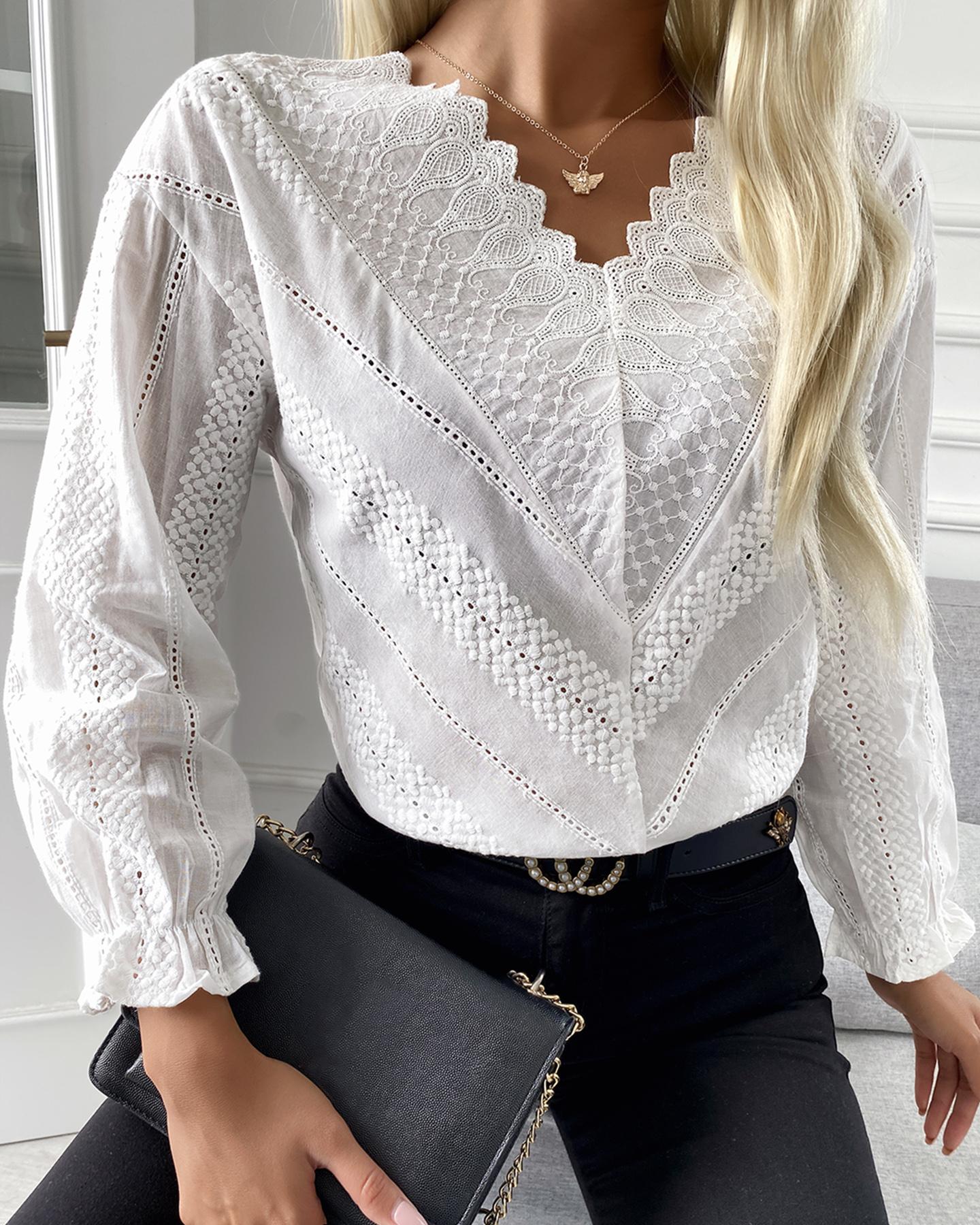 

Bell Sleeve Lace V Neck Blouse, White