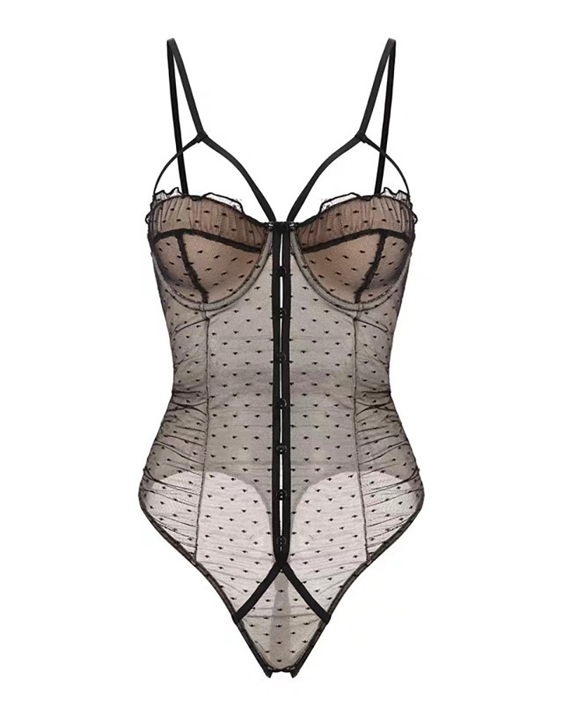 

Sheer Mesh Button Front Cutout Teddies, Black