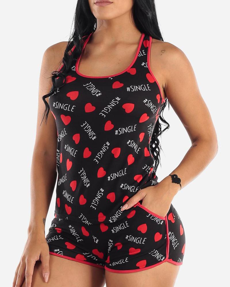 

U Neck Heart Letter Print Tank & Pocket Design Shorts Set, Black