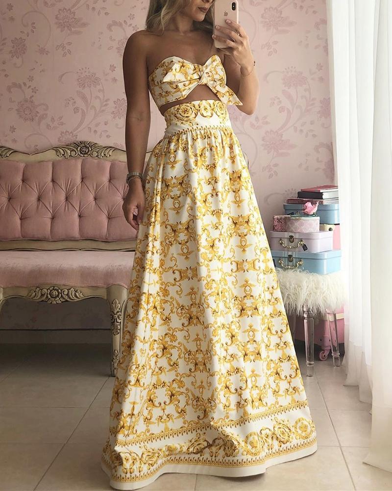 Vintage Print Tied Crop Top Maxi Skirt Set