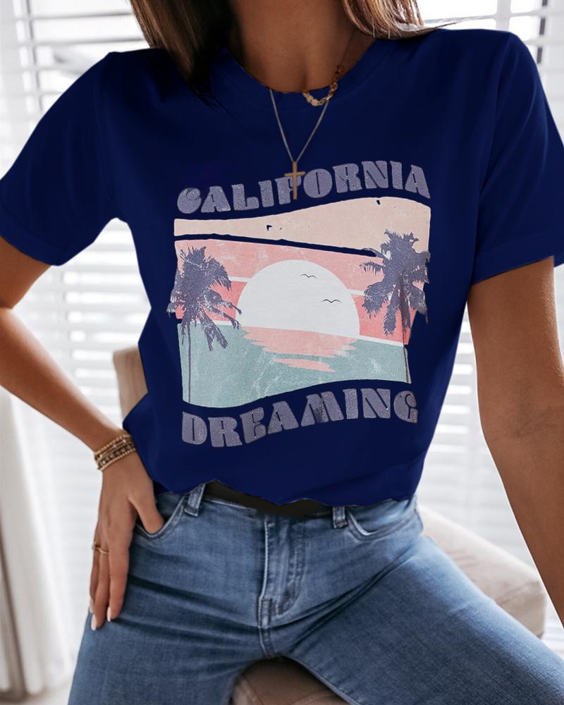 

Letter View Print Casual T-shirt, Dark blue
