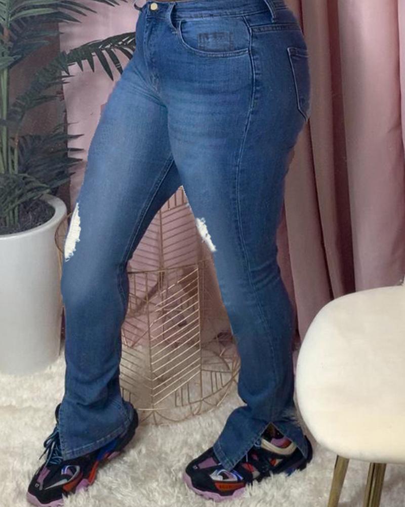 

Solid Ripped Skinny Slim Slit Denim Pants, Dark blue