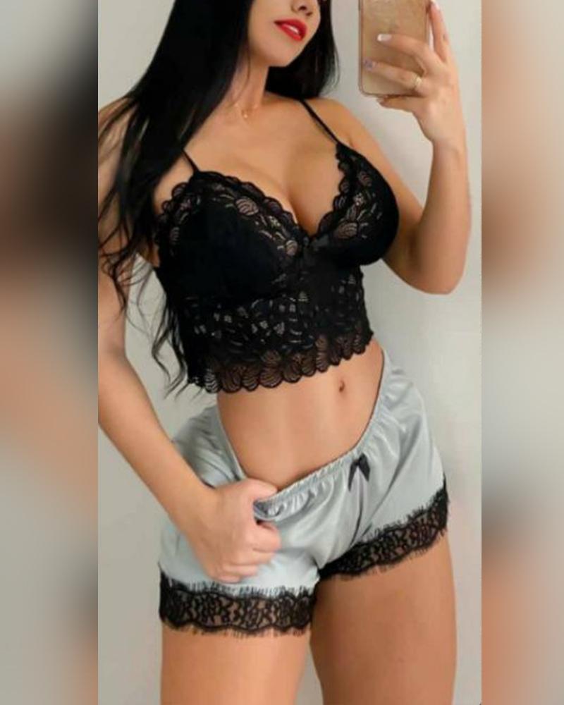 

Solid Lace Patchwork Strap Tanks With Lace Shorts Sexy Sets, Gray
