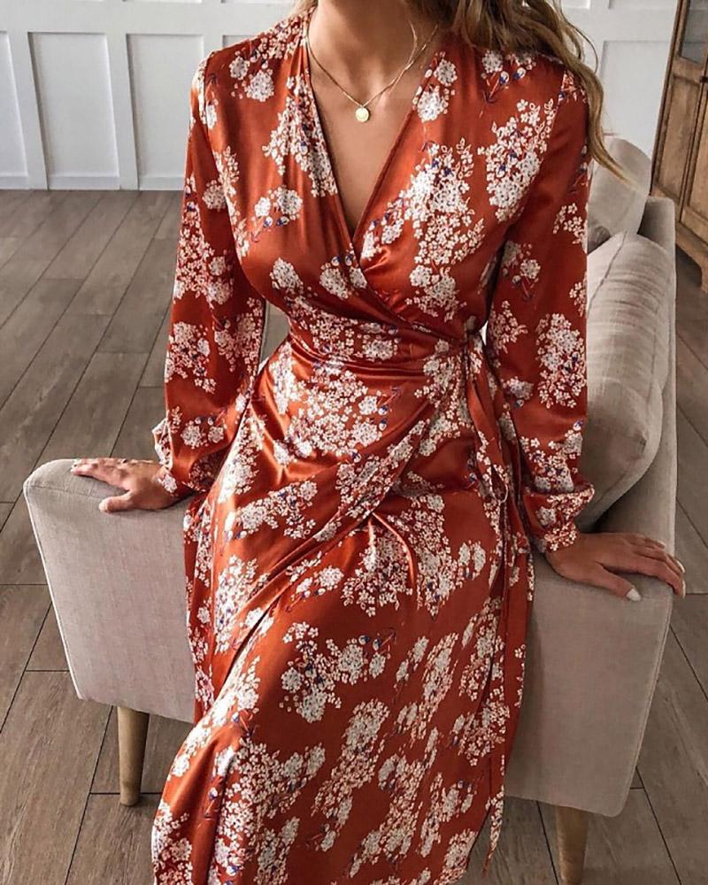 

Disty Floral Print V Neck Wrap Design Maxi Dress With Belt, Brown