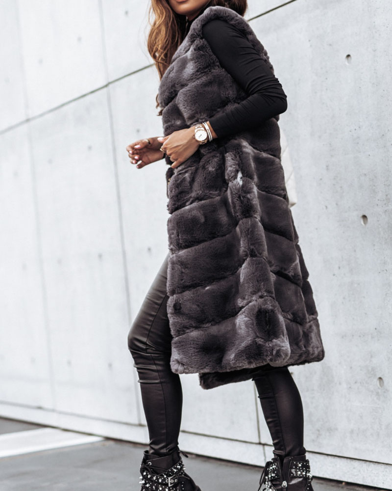 

Plain Fluffy Faux Fur Longline Coat, Gray