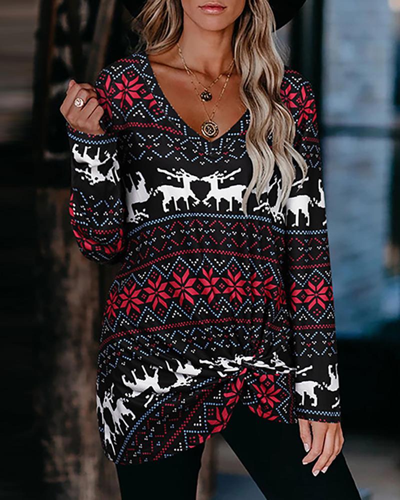

Christmas Plaid Print Twisted Long Sleeve T-shirt, Black