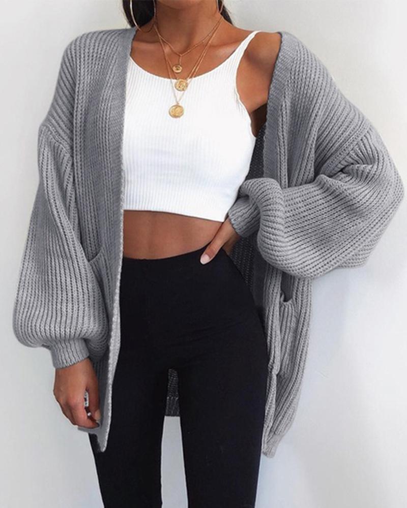

Solid Long Sleeve Bubble Sleeve Loose Cardigans, Gray