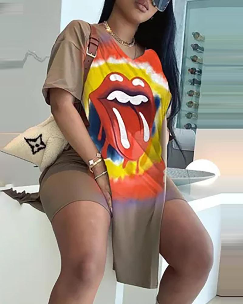 

Lip Tie Dye Print Short Sleeve Slit V Neck Top & Shorts Set, Brown
