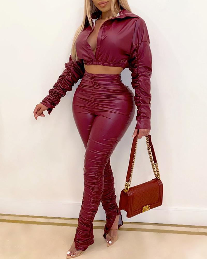

Long Sleeve Ruched PU Leather Crop Top & High Waist Pants Set, Wine red
