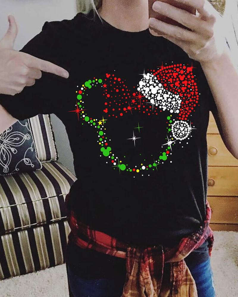 

Christmas Cartoon Print Short Sleeve T-shirt, Black