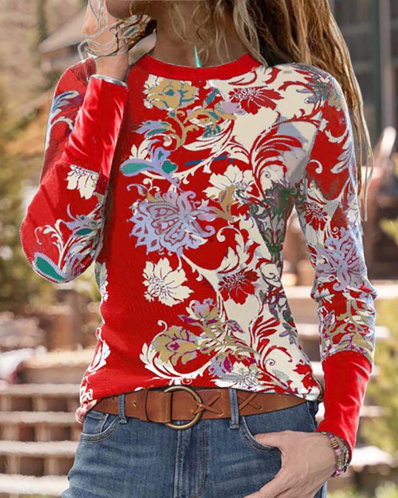 

Floral Print Long Sleeve Casual Top, Red