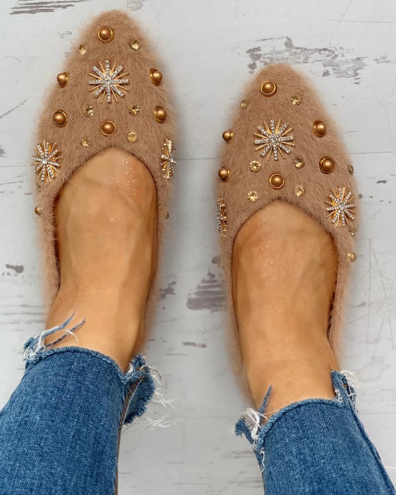 

Studded Embellished Fluffy Flat Shoes, Khaki