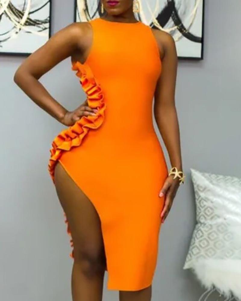

Solid Sleeveless Ruffles High Slit Dress, Orange