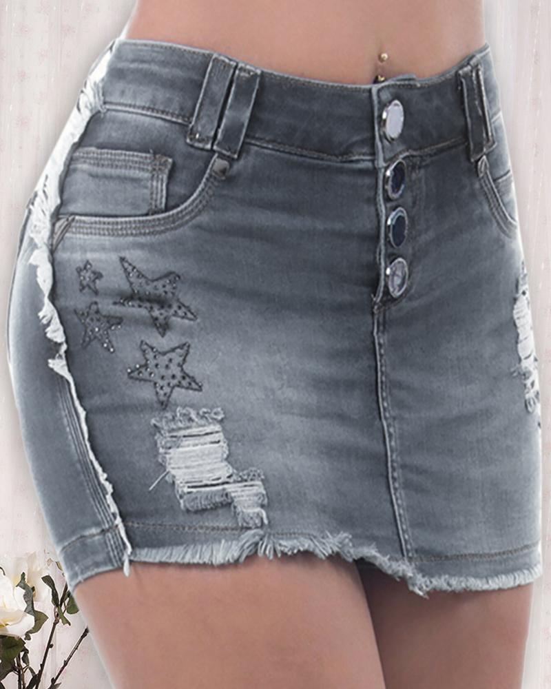 

Star Pattern Studded Fringe Hem Ripped Denim Skirt, Gray