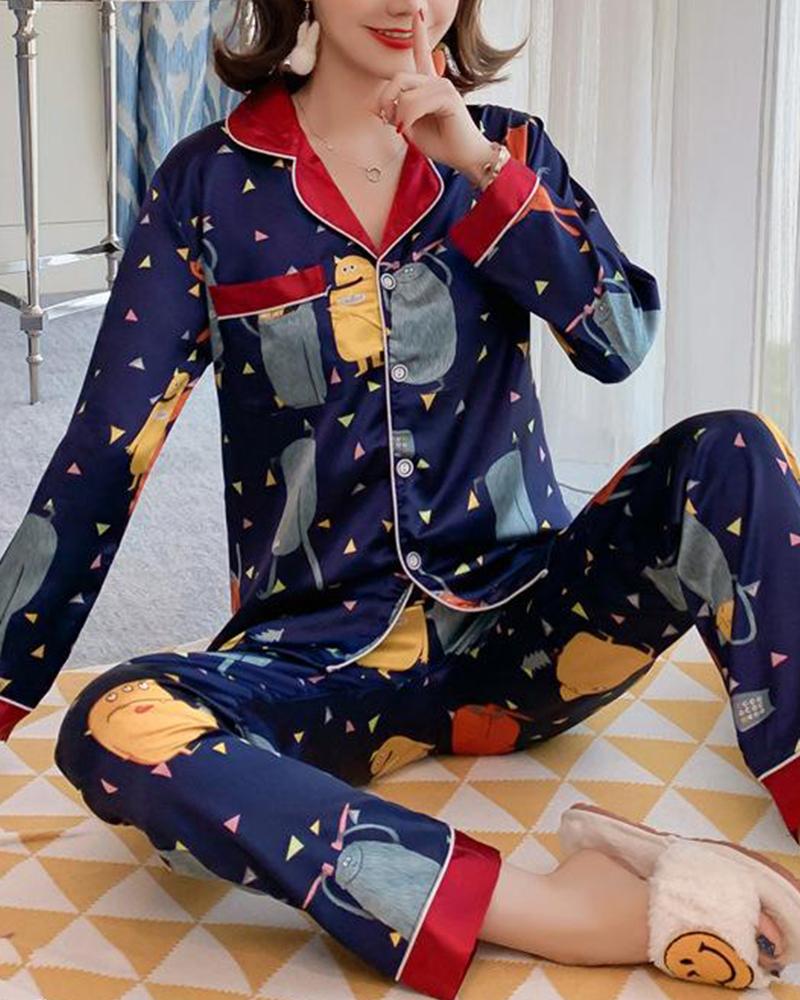 

Cartoon Print Two-Piece Pajama Set, Black