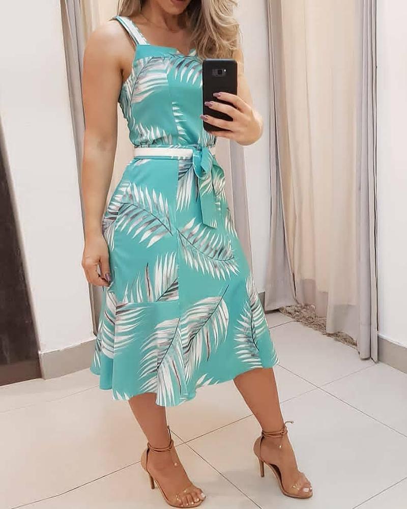 

Thick Strap Leaf Print Dress With Belt, Blue