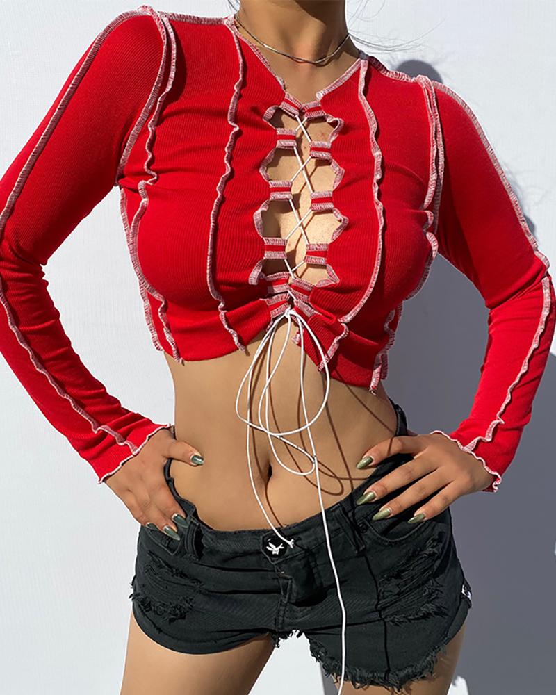 

Lace Up Long Sleeve Crop Top, Red