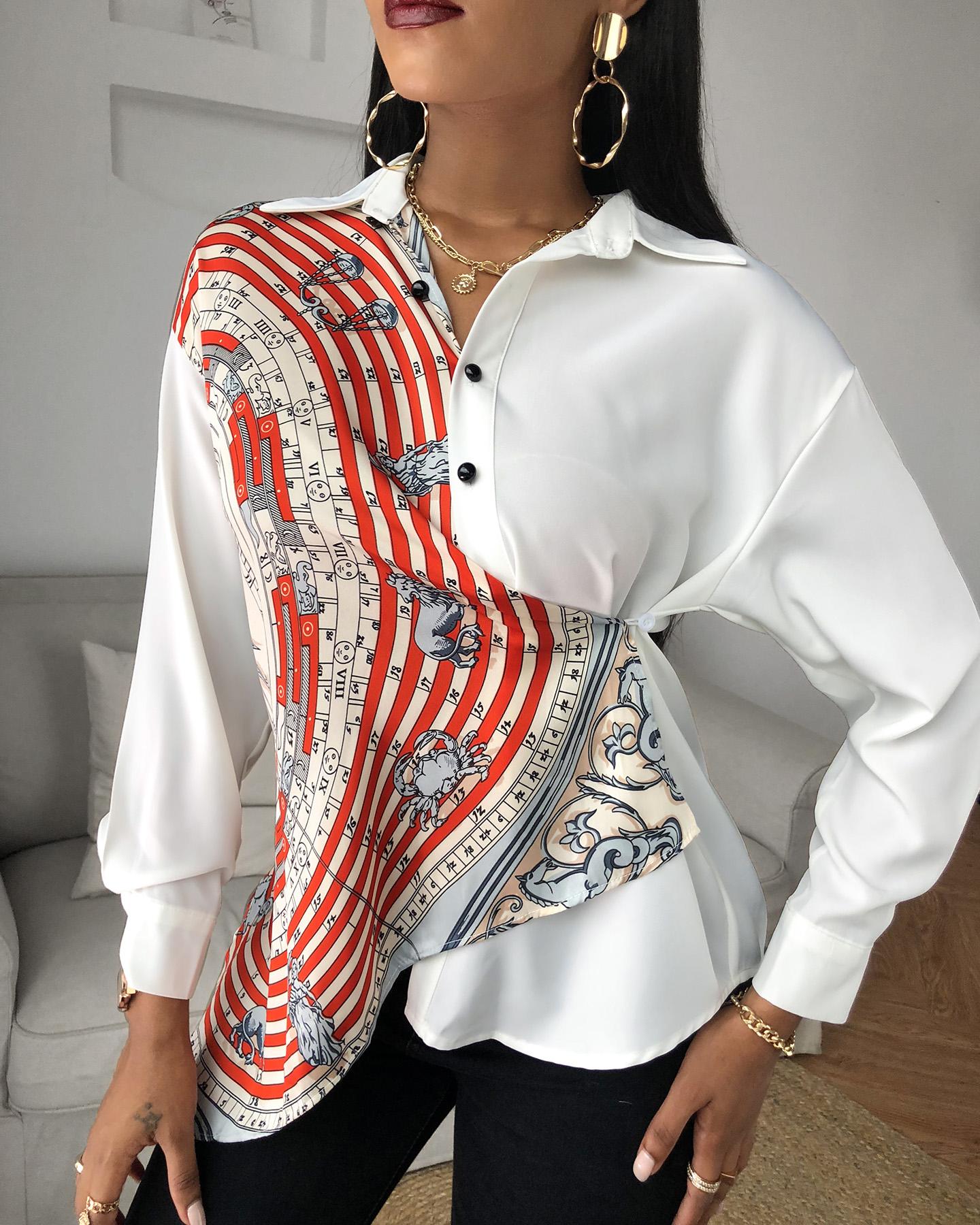 

Scarf Print Long Sleeve Buttoned Shirt, White