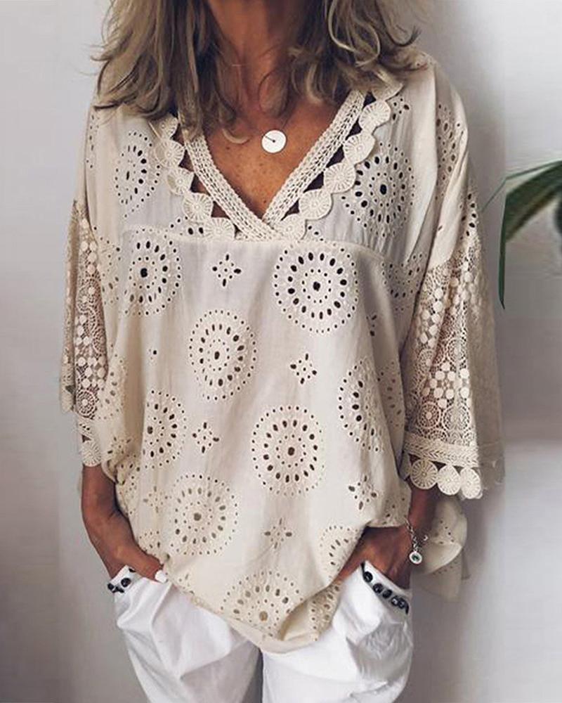 

V Neck Broderie Anglaise Lace Women Blouse, Beige