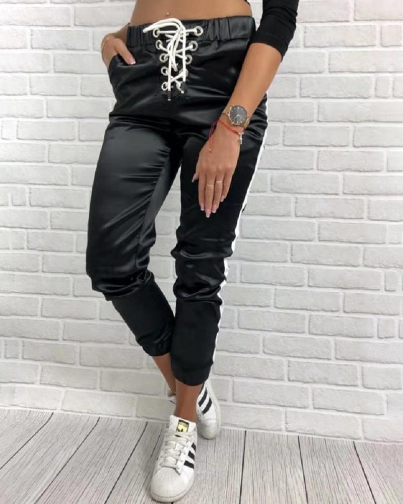 

Eyelet Lace Up High Waist Sweatpants, Black