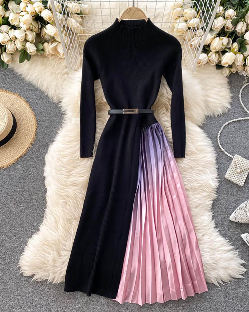 

Ombre Colorblock Pleated Long Sleeve Maxi Dress, Black