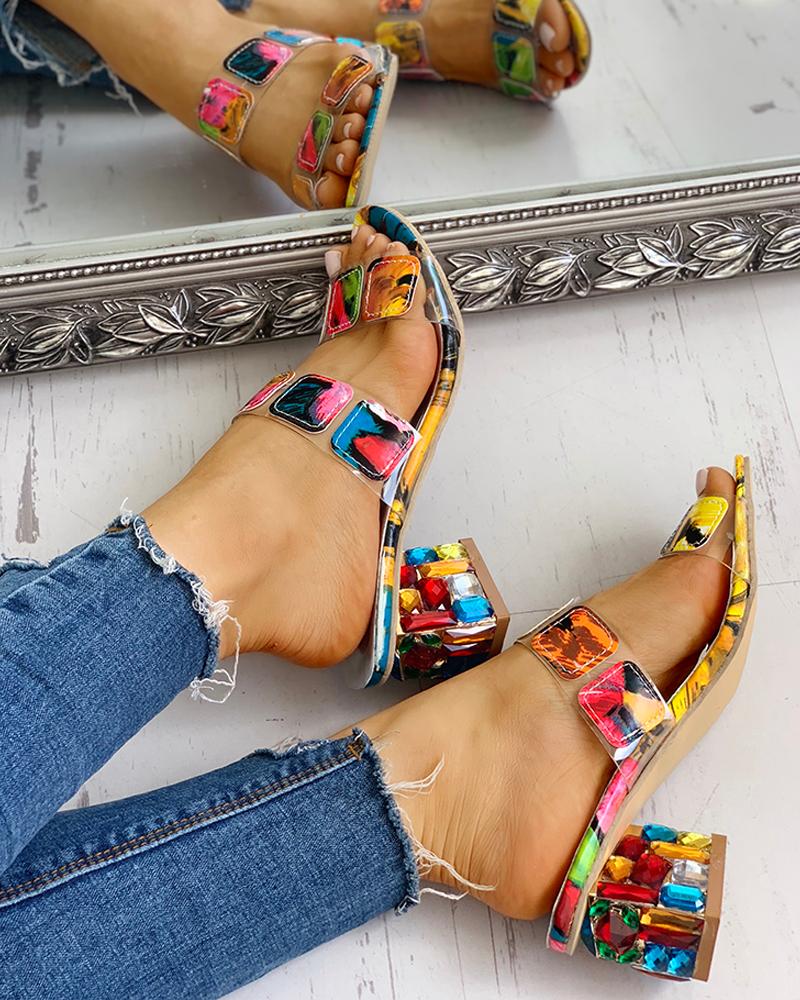 colorful geo applique chunky heeled sandals