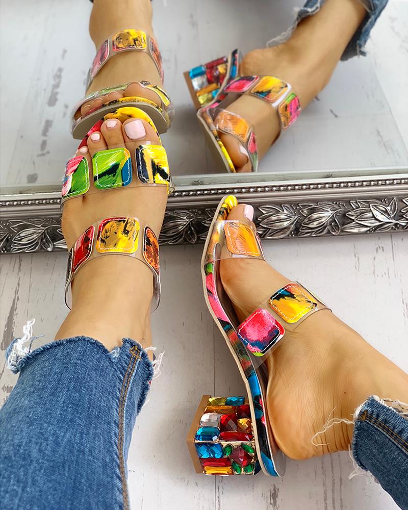 colorful geo applique chunky heeled sandals