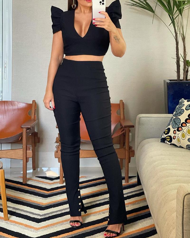

Plain Flutter Sleeve V Neck Top & Skinny Slit Pants Set, Black