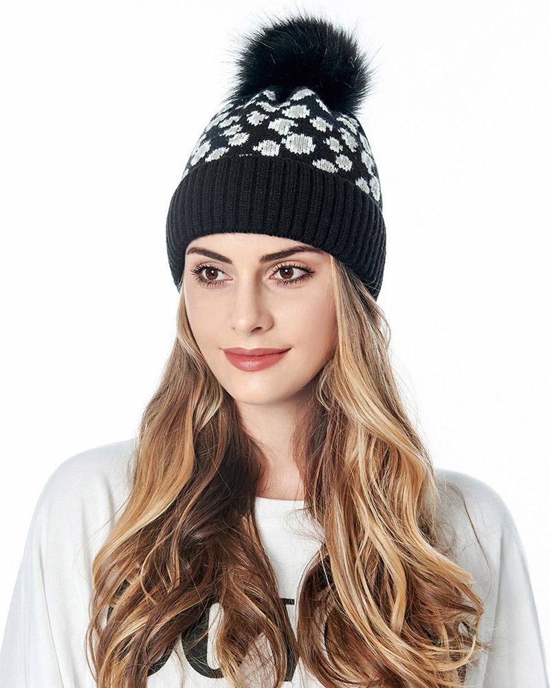 

Cheetah Print Pom Pom Decor Beanie, Black