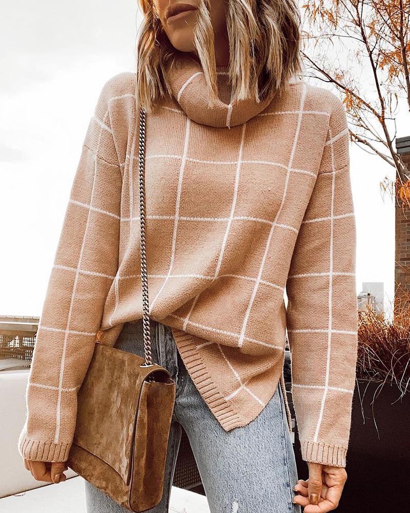 

Plaid Knit High Neck Sweater, Khaki