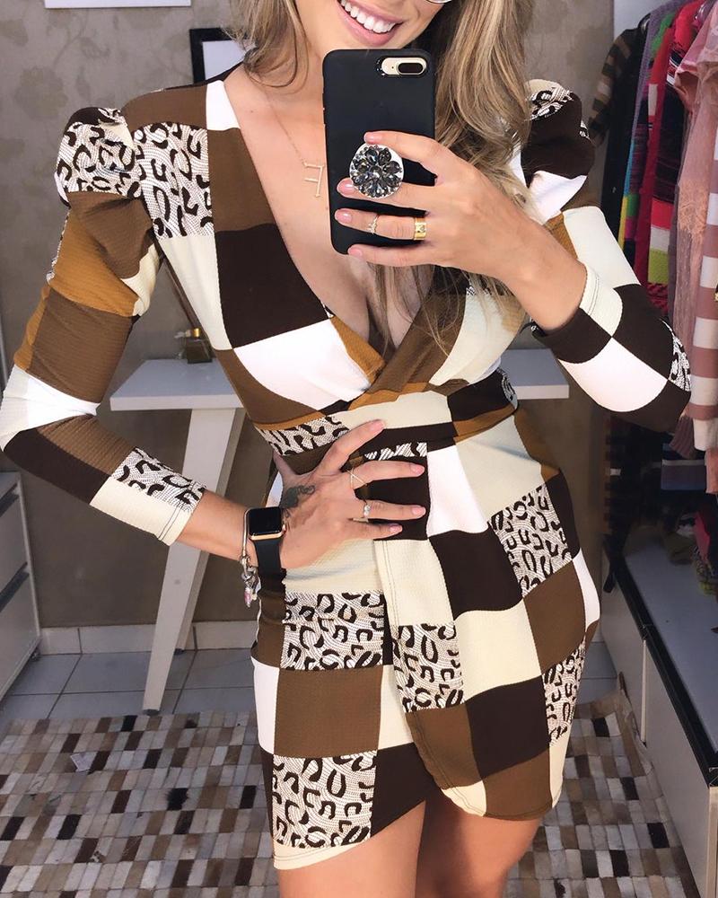 

Colorblock Plunge Long Sleeve Work Dress, Brown