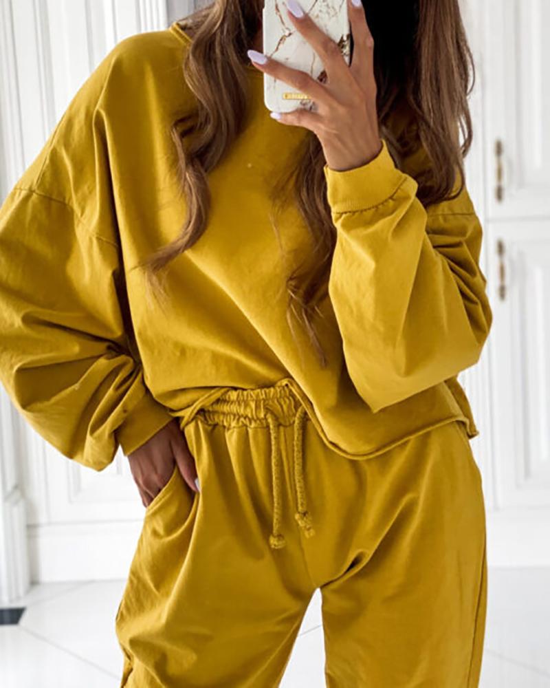 

Lantern Sleeve Solid Top & Drawstring Pants Sets, Yellow