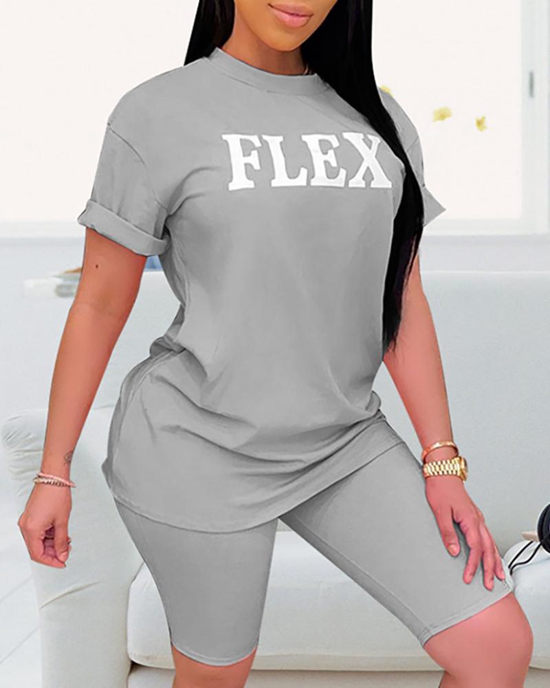 

Letter Print Short Sleeve Casual Top & Short Set, Gray