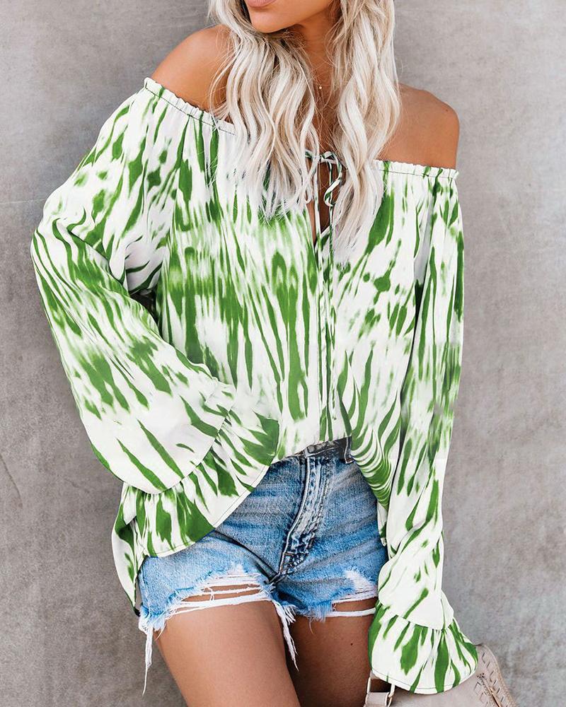 

Off Shoulder Tie Dye Print Ruffles Tied Front Casual Blouse, Green