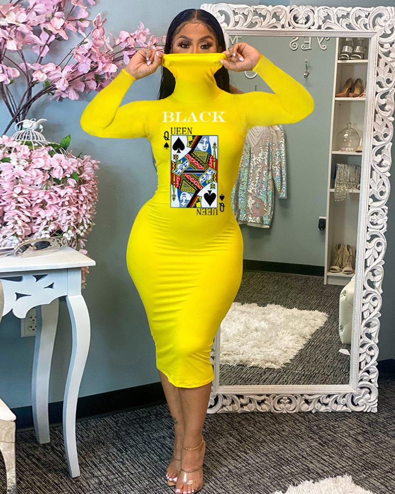 

Poker Letter Print Long Sleeve Dress, Yellow