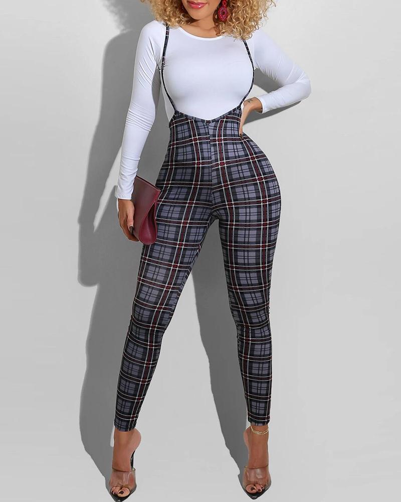 

Plain Women Blouse & Suspender Houndstooth/Plaid Print Jumpsuit Set, Gray