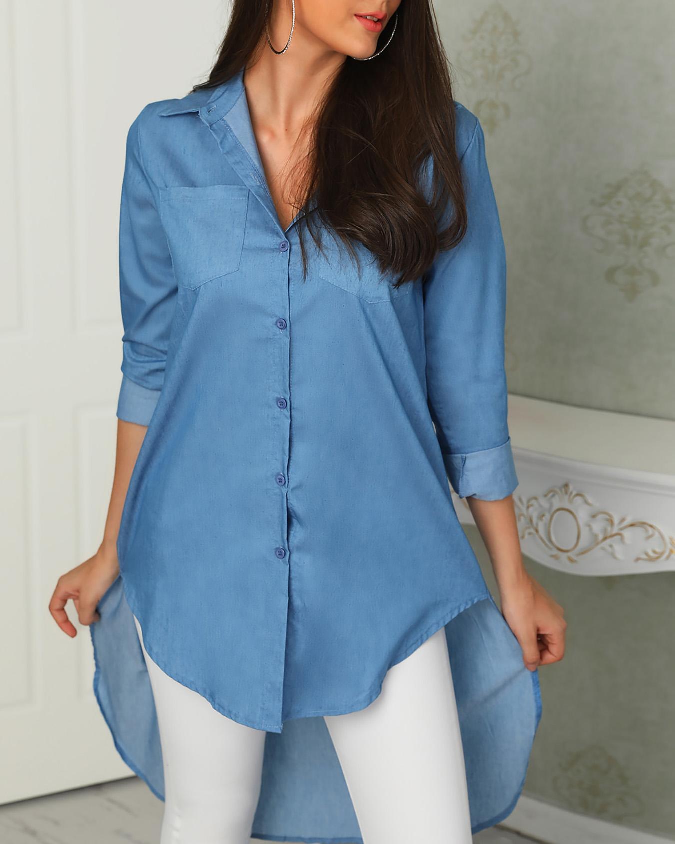 

Denim Solid Button Dip Hem Women Blouse, Light blue