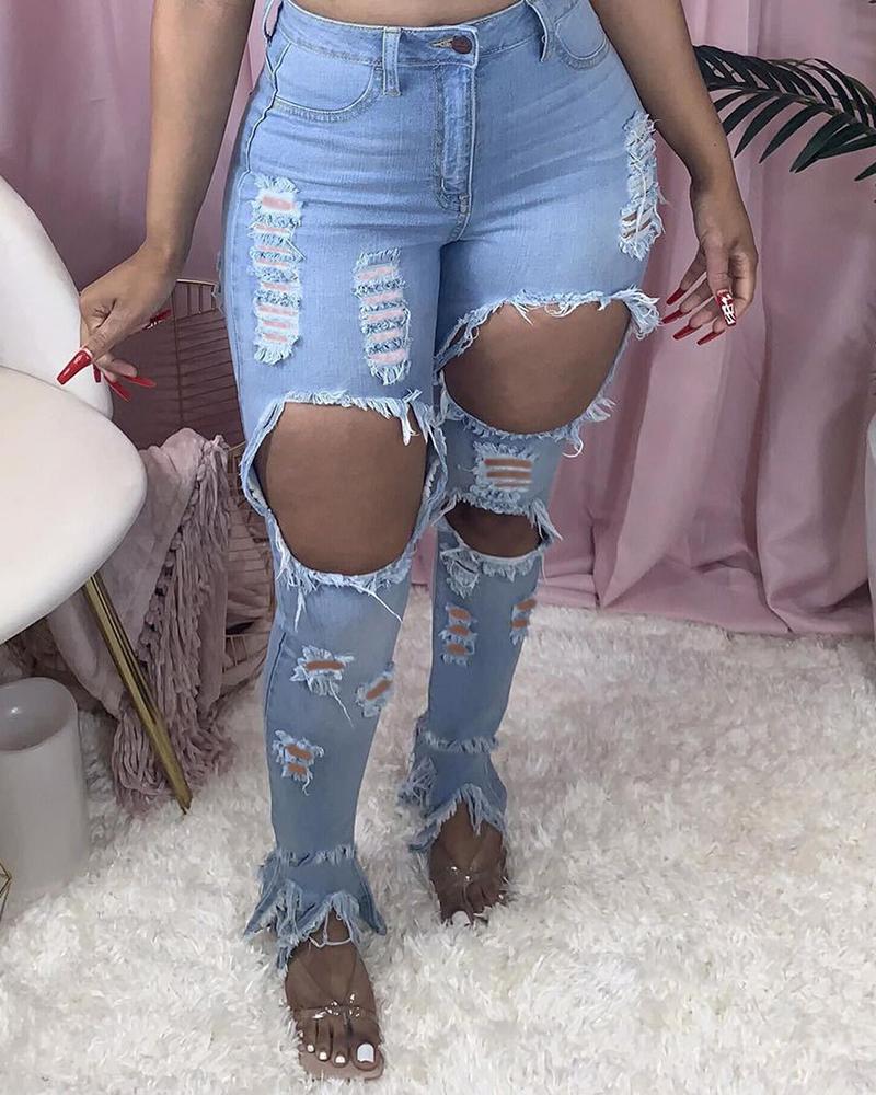 

Ladder Cutout Fringe Hem Distressed Jeans, Blue