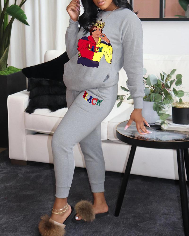 

Cartoon Graphic Print Long Sleeve Top & Pants Set, Gray