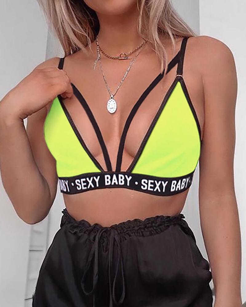 

Letter Strap Cutout Push Up Bra Tank Top Sport Unlined Bralette, Green