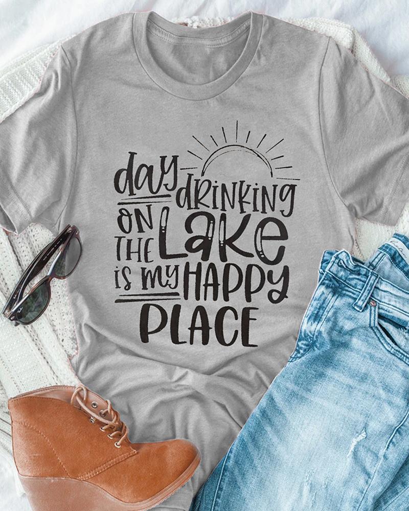 

Letter Print Round Neck Short Sleeve Basic Cotto Top, Gray