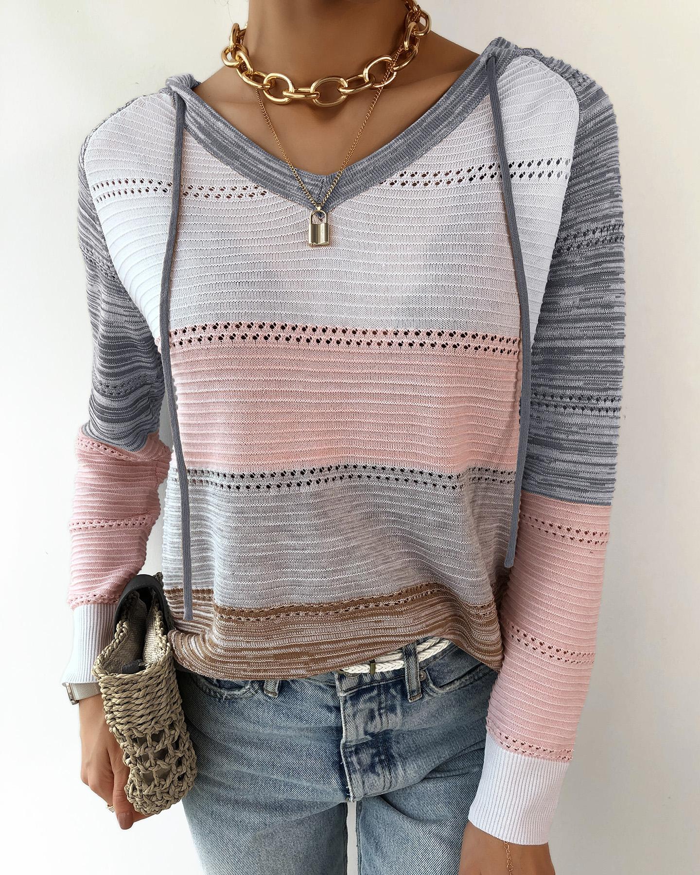 

Knit Colorblock Hollow Out Hooded Sweater, Orange