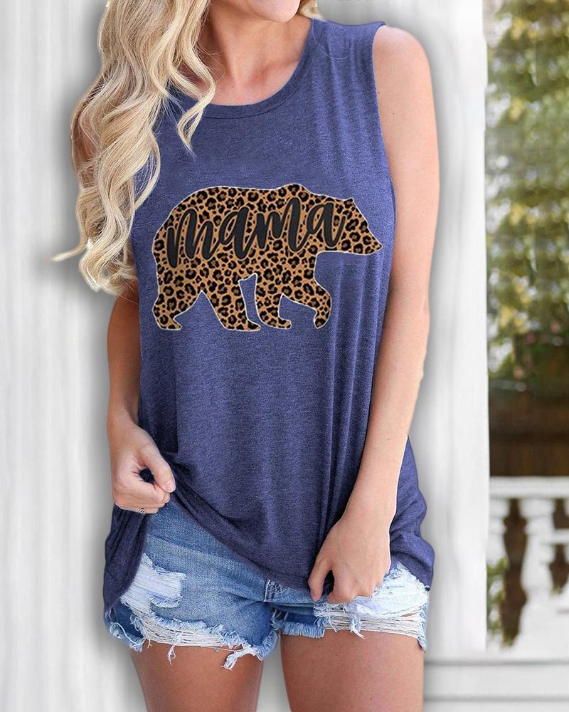 

Letter/Cheetah/Bear Print Casual Tank Women Top, Blue