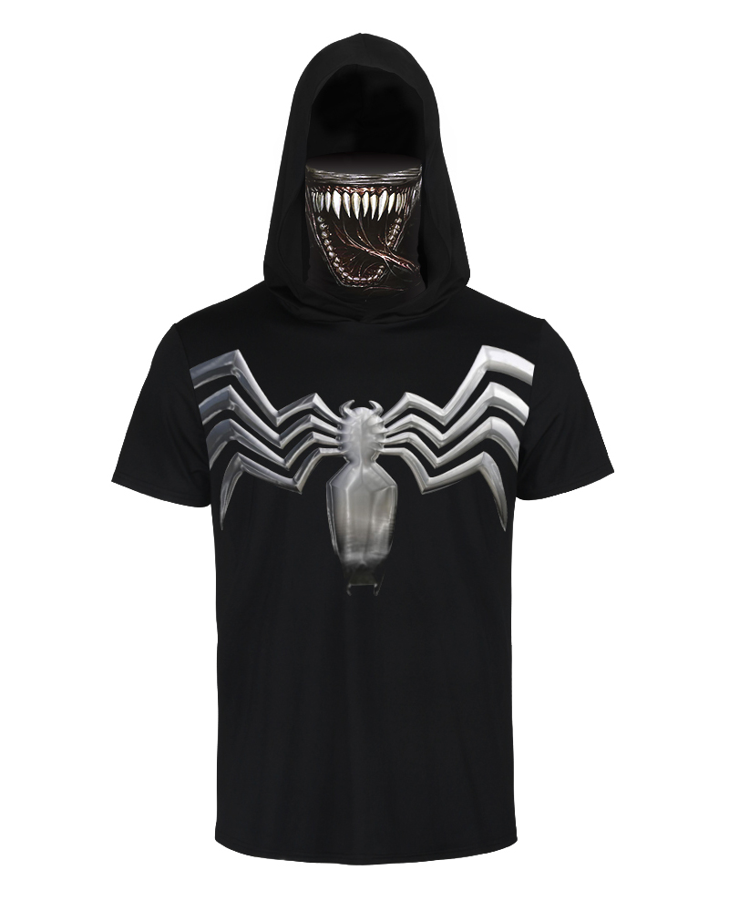 

Skull Spider Print Hooded Short Sleeve T-shirt With Ear Loop Face Bandana, Black