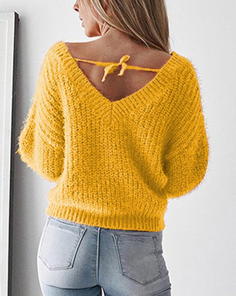 

Solid Bloomer Sleeve Lace-up Back Loose Sweaters, Yellow