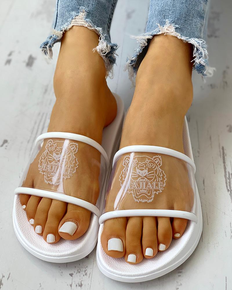 

Tiger Printed Open Toe Slippers, White